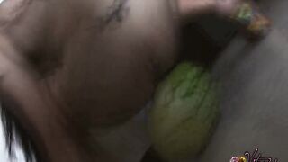 Breasty Oriental hotty bangs a watermelon to get off