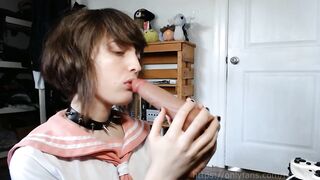 Femboy Schoolgirl gives a Blow Job to his Toy