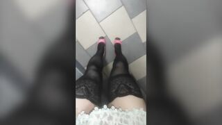 Sissy tries on recent Nylons in the Hostel
