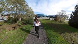 Crossdresser flashing tits by the side of a busy highway