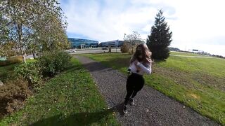 Crossdresser flashing breasts by the side of a busy highway