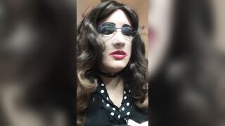 Mrs. R's faux knob (trans, crossdress, female mask, undressing, hose, mask, wig, corset, garter