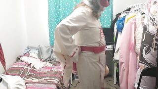 PVC Cat Priestess Miko Sissy Cosplay does Breathplay and Vib