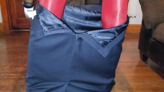 Blue lined office petticoat with red shiny hose
