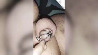 Bulky Sissy Playing With Small Clitoris In Chastity
