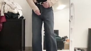 Office transsexual in wide leg palazzo flared jeans, shirt body and crop jacket masturbating to be disciplined to cum in office