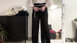 Crossdresser tgirl palazzo wideleg fetish trousers, satin silk blazer, white office ruffled blouse and high heels boots