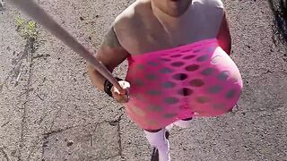 Public Outdoor Walk With Biggest Titties in a Fishnet Suit and Overknee High Heels - Crossdresser Sissy Half In Nature's Garb in Fetish