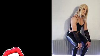 Blond Crossdresser Jessie= Ebony Leather Look Leggings- Wine Slow Dance