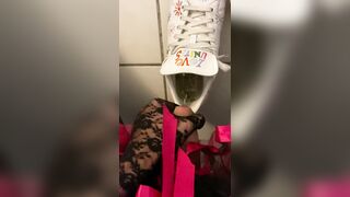Sissy exposes and masturbates in neighbour cutie's sneakers