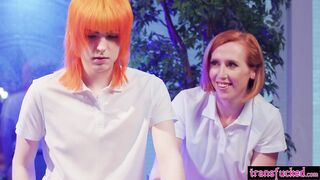 Large butt teen enjoyed massage by transsexuals Jean Hollywood and Shiri Allwood