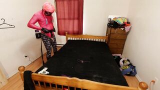 Self Slavery in Leather Fist Mitts, Lycra Body Dress, Tights, PVC Knee High Boots, Gagged in Chastity ...