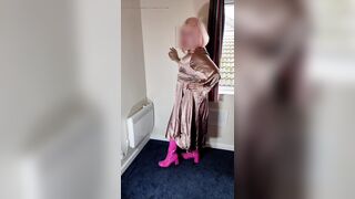 Hawt tv crossdresser Nottstvslut in full length bronze steel satin