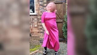 Hawt sissy crossdresser outdoors in full length hawt pink satin