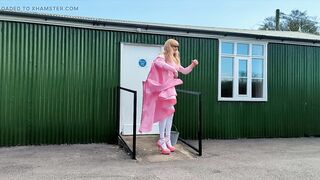 Pink PVC Tgirl Stroking and Cumming Outdoors
