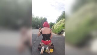 DeeDeeSlut69 Crossdresser Wearing a Yellow Costume in Public then Stripping