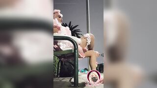 Sissy maid at public bus stop