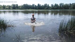 Alexa Cosmic transgirl swimming in clothing in river in jeans shirts and white t-shirt. Alexa Cosmic Wetlook Lover.