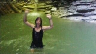 Alexa Cosmic transgirl swimming at waterfall in shirt and t-shirt... first waterfall