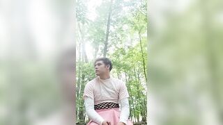 Femboy Masturbates on Forest Trail and Nearly gets Caught