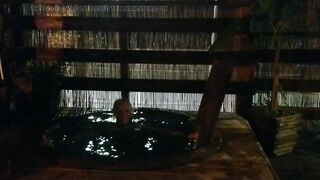 Alexa Cosmic swimming in pool after sauna in fresh t-shirt and ebony short hawt shorts. Wetlook in sauna.