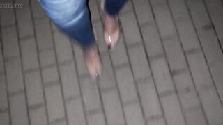 crossdresser tempts with her hawt feet in stripper shoes on the street