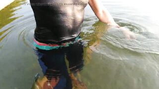 Swimming in the lake in sport wear at sunset.. Juicy leggings and t-shirt...