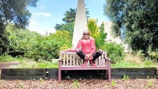 Sexy Transsexual in PVC Jerking Off on Park Bench