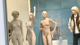 Masked puppet hotty in shopping middle