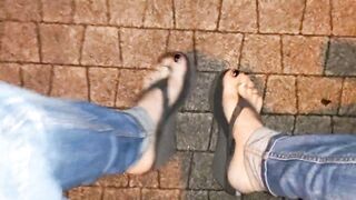 a foot fetishist walks the street in hot flip-flops and gets slutty