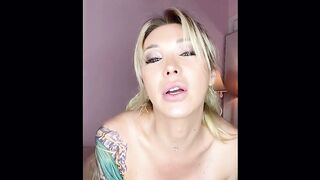Trans with jiggly boobs strokes her knob until this babe cums
