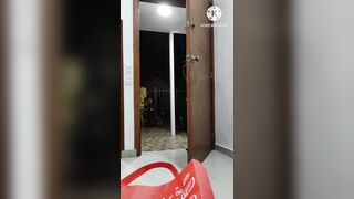 Sissy shows her butt in a miniskirt to this food delivery man