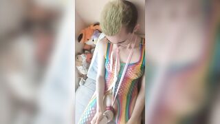 Pink ribbon, anal bead, and wand ;three hard cum