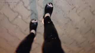 public crossdressing - latex leggings and platform wedges