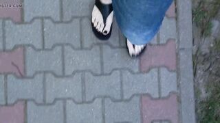 I show my feet during a morning walk around the neighborhood
