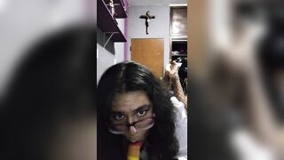 Corpulent Trans angel playing with sex tool