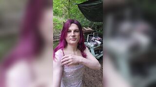 Putting my pretty costume on over my luxury underware in the woods