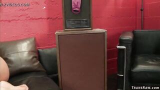 Tgirl bangs breasty redhead in her shop