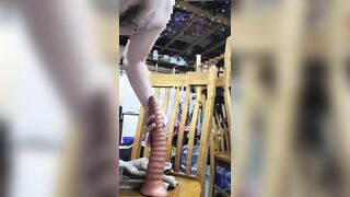Sissy bottom male sitting on lengthy vibrator anal. Squarepeg Toys thick worm pounds my booty open