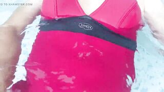 Shemale in hawt one piece swimsuit jerking in swimming pool