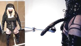 Concupiscent nun pounding a fleshlight with increasingly big strapons