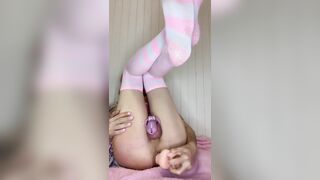 Femboy ace screw sex toy in chastity cage