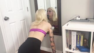 Trans bitch practices suck shlong with her sextoy in the mirror