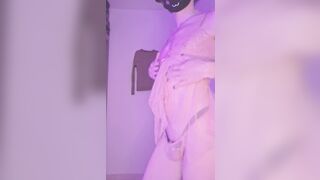 Nasty femboy in transparent nightie shows her chastity cage and small booty