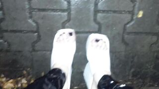 hawt night walk - high heel wedhes and latex leggings