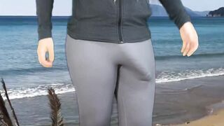 Giant knob t-girl does yoga in beach abode