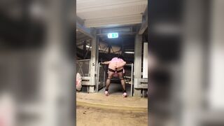 Sissy playing in public parking lot