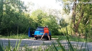 I clean the windows of my car on the side of the road in a minidress with an butt-ramming