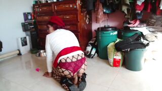 Sissy in chastity cage riding her 8" sex-toy 1/three