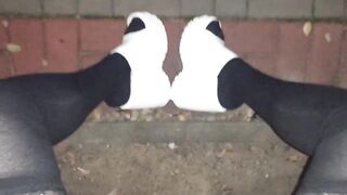 latex mini and lace tights with platform wedges